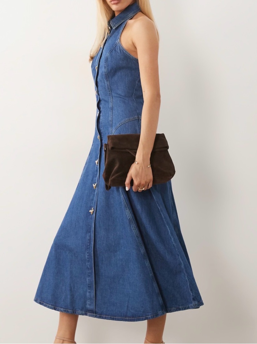 Blue Denim Button-Front Maxi Dress